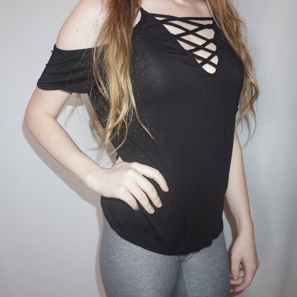 Black Bebe Cage Off-the-Shoulder Top